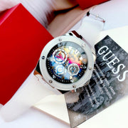 Guess Poseidon Chronograph Rainbow Dial White Silicone Strap Watch For Men - GW0425G4