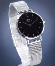 Daniel Wellington Petite Sterling Black Dial Silver Mesh Bracelet Watch For Women - DW00100218