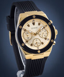 Guess Athena Gold Dial Black Rubber Strap Watch For Women - GW0030L2