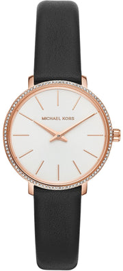 Michael Kors Pyper Three Hand White Dial Black Leather Strap Watch For Women - MK2835