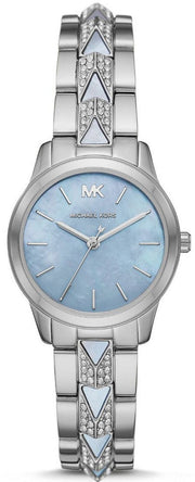 Michael Kors Runway Mercer Quartz Mother of Pearl Blue Dial Silver Steel Strap Watch For Women - MK6857