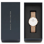 Daniel Wellington Petite Melrose White Dial Rose Gold Mesh Strap Watch For Women - DW00100305