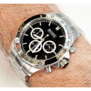 Hugo Boss Ikon Chronograph Black Dial Silver Steel Strap Watch for Men - 1512965