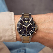 Emporio Armani World Explorer Solar Powered Chronograph Black Dial Two Tone Steel Strap Watch for Men - AR11680