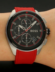 Hugo Boss Volane Chronograph Black Dial Red Rubber Strap Watch for Men - 1513959